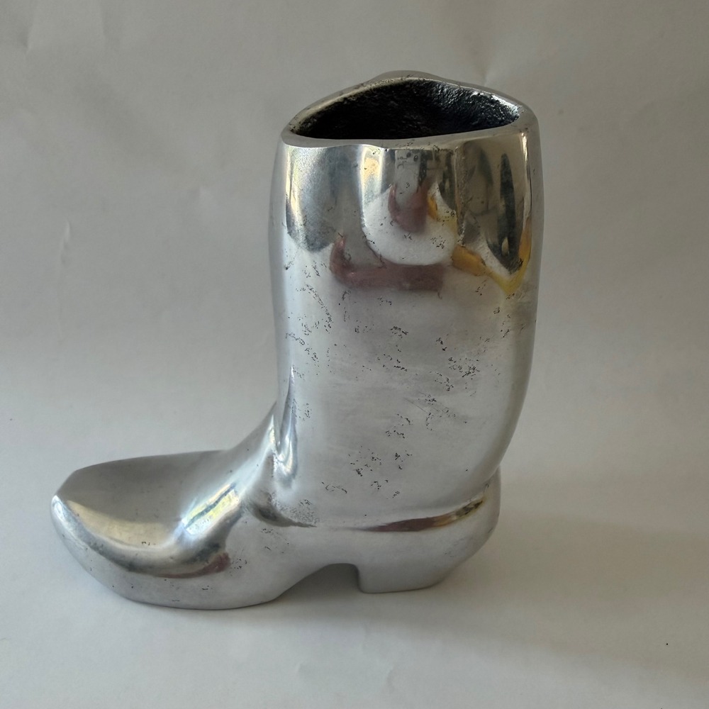 Caren schiro Vintage Cast Aluminum Cowboy Boot Silver Tone Western Planter Decor